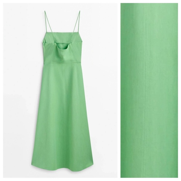NWT. Massimo Dutti Light Green Viscose/Linen Blend Strappy Midi Dress. Size XS. - Picture 3 of 8